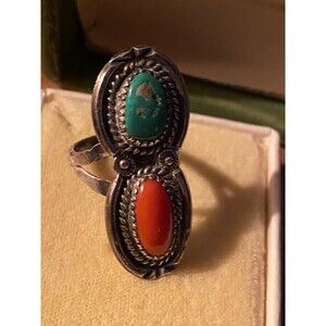 Vintage Sterling Silver Turquoise and Red Coral Ring Size 8 Native American